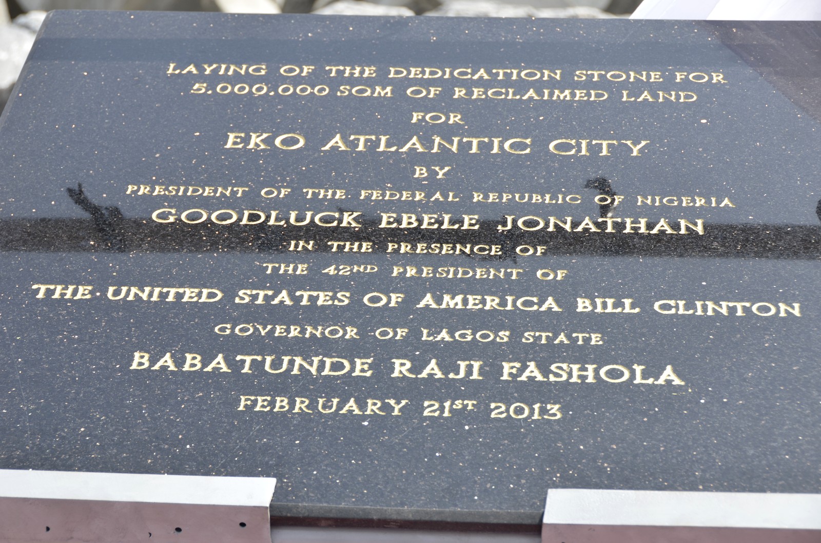 The official dedication stone — Laying of the Dedication Stone for 5,000,000 SQM of Reclaimed Land for Eko Atlantic City, February 21st 2013